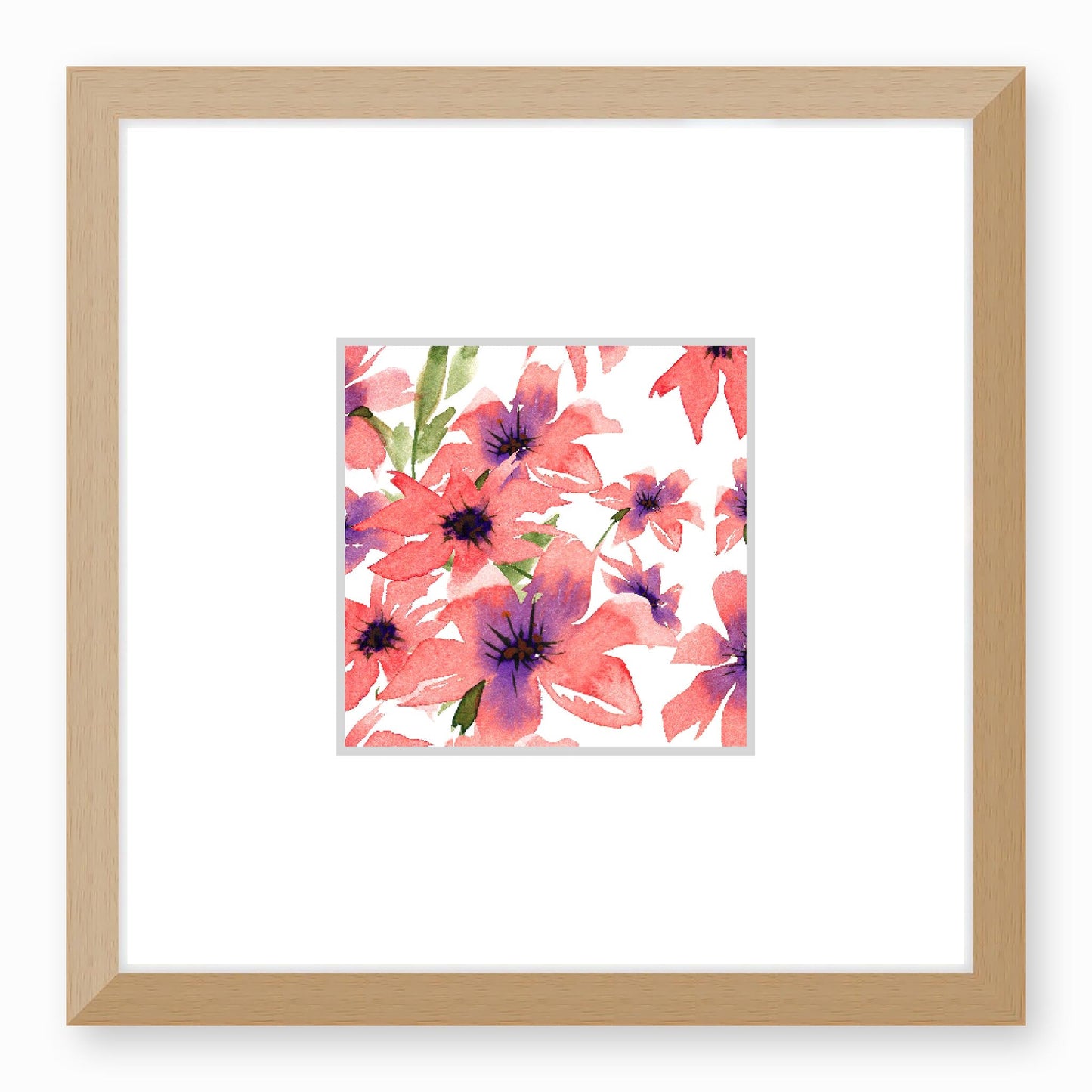 Framed Fine Art Print, Faux Mat - 12x12 inches | Pink Floral Watercolour, fms-1340-003, Prints, Fine art, Natural Frame,12 x 12 inches