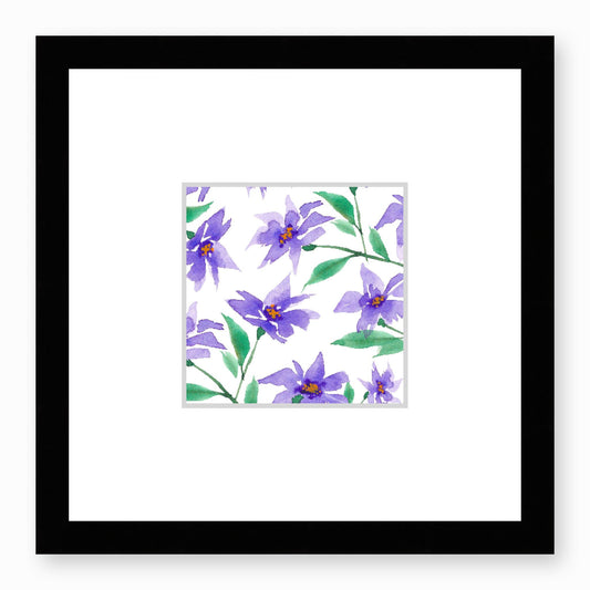 Framed Fine Art Print, Faux Mat - 12x12 inches | Purple Floral Watercolour, fms-1350-001, Prints, Fine art, Black Frame,12 x 12 inches