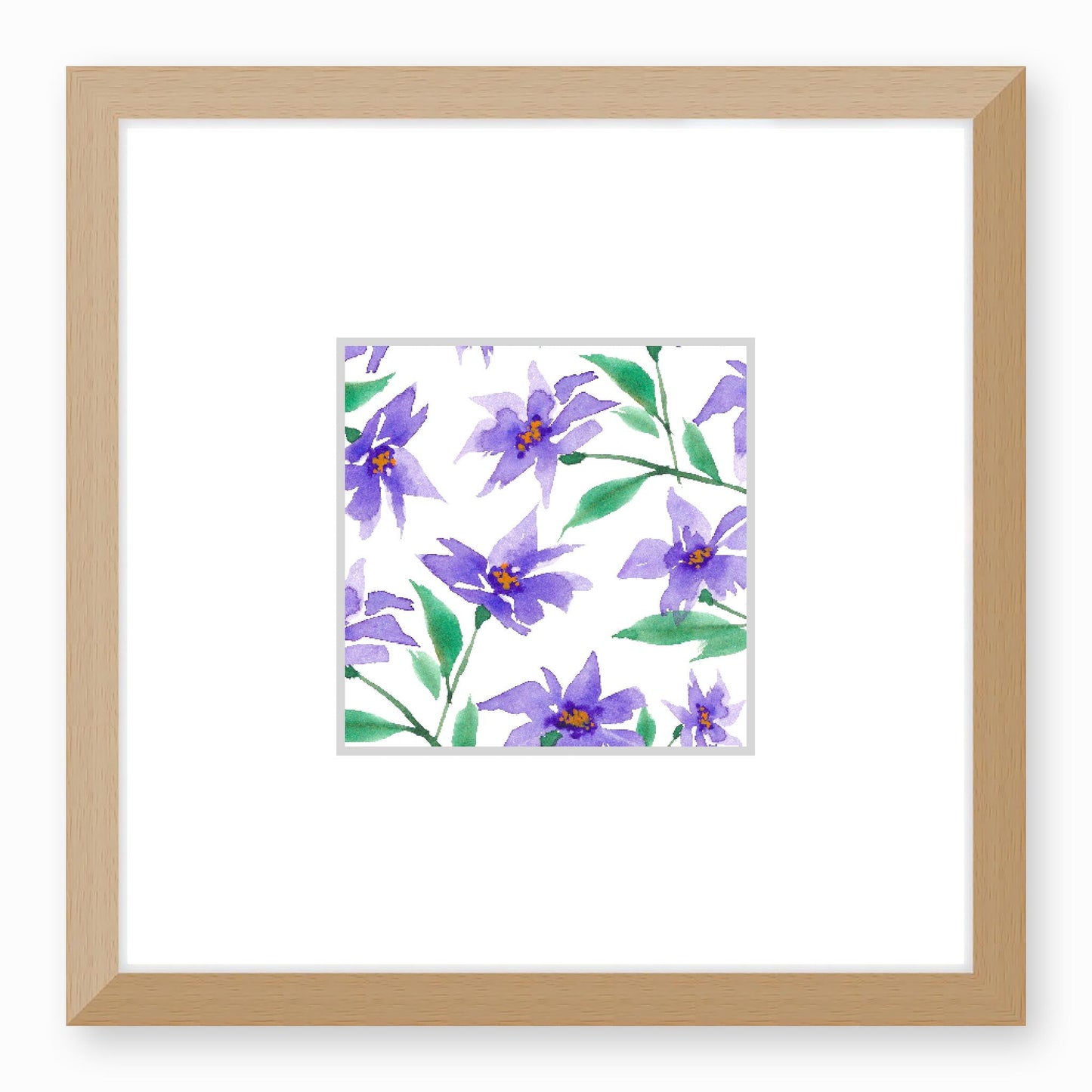 Framed Fine Art Print, Faux Mat - 12x12 inches | Purple Floral Watercolour, fms-1350-001, Prints, Fine art, Natural Frame,12 x 12 inches