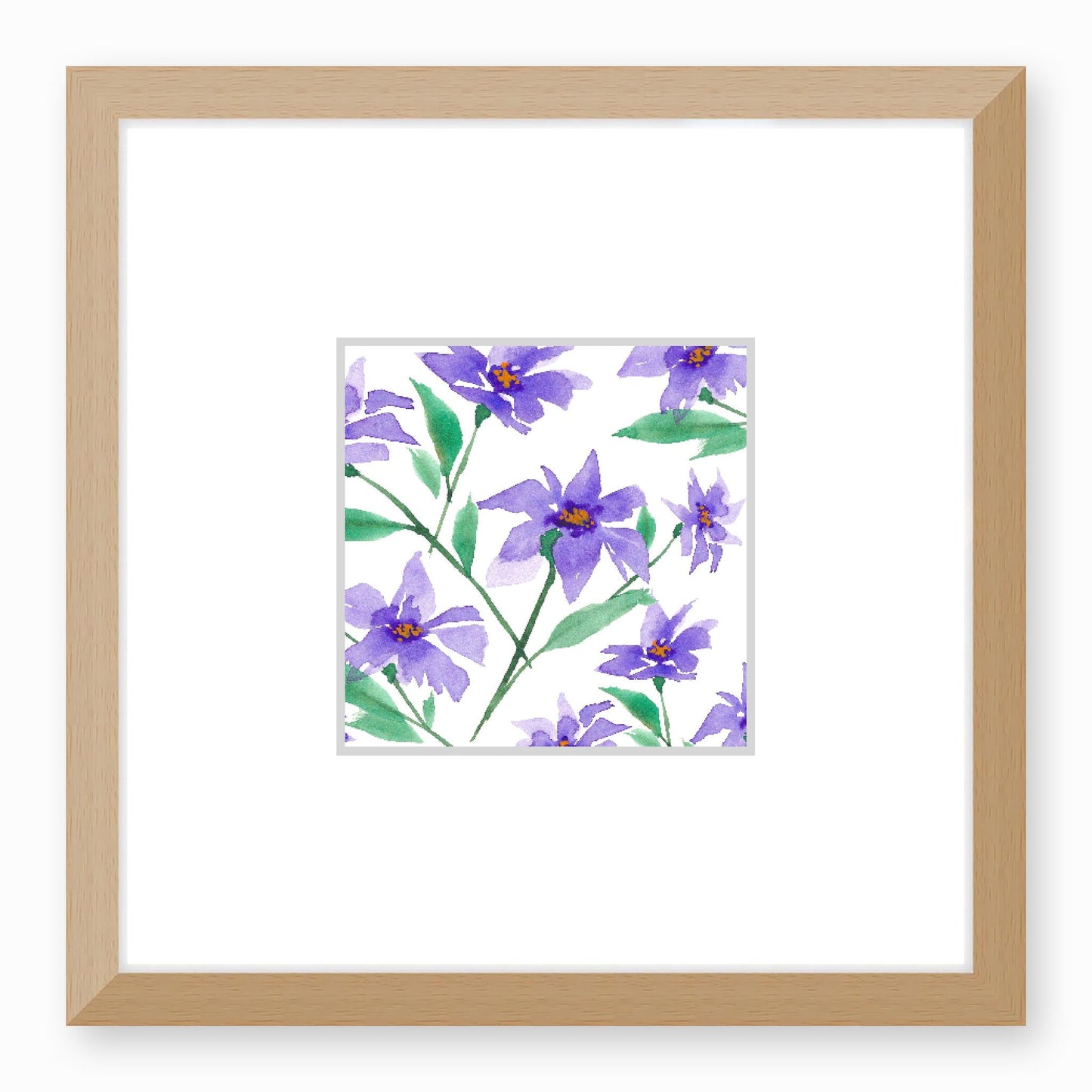 Framed Fine Art Print, Faux Mat - 12x12 inches | Purple Floral Watercolour, fms-1350-002, Prints, Fine art, Natural Frame,12 x 12 inches