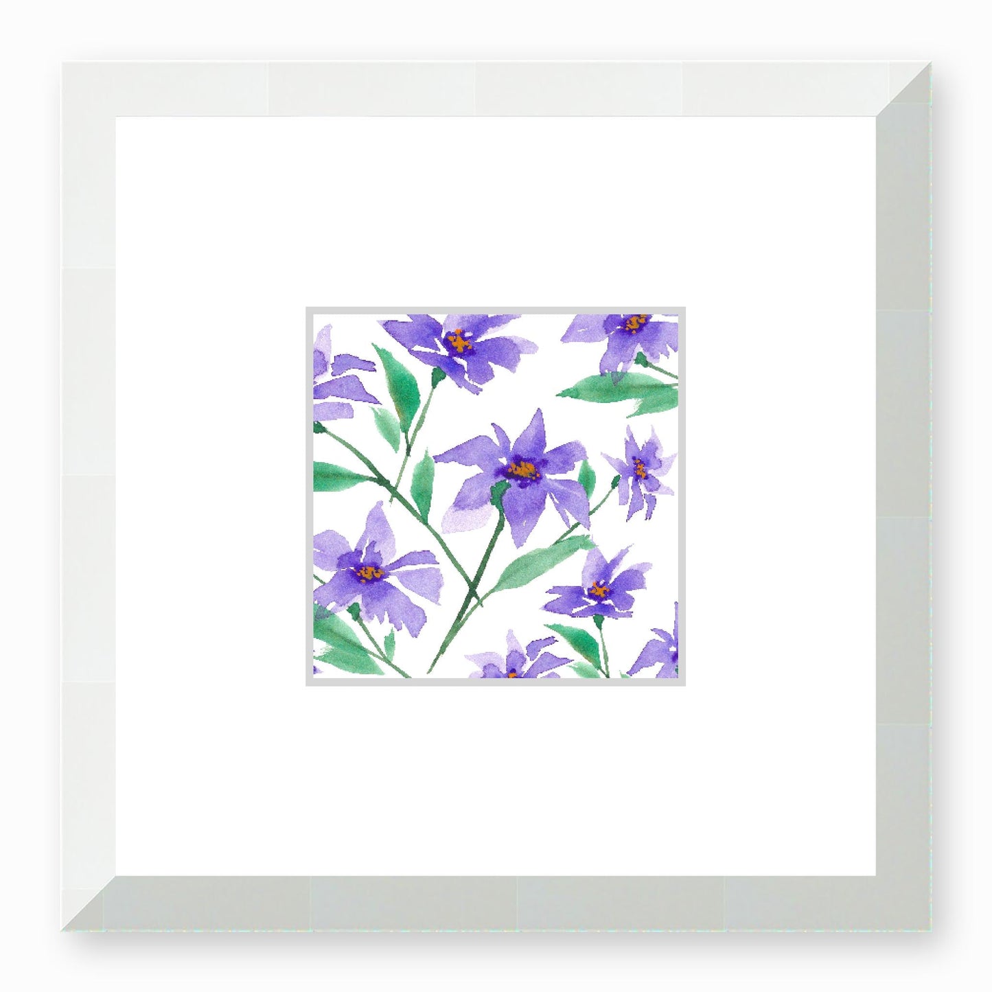 Framed Fine Art Print, Faux Mat - 12x12 inches | Purple Floral Watercolour, fms-1350-002, Prints, Fine art, White Frame,12 x 12 inches