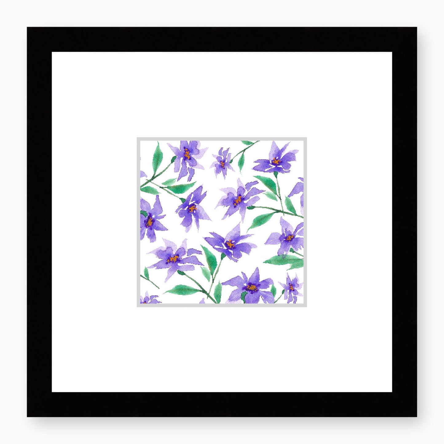 Framed Fine Art Print, Faux Mat - 12x12 inches | Purple Floral Watercolour, fms-1350-003, Prints, Fine art, Black Frame,12 x 12 inches