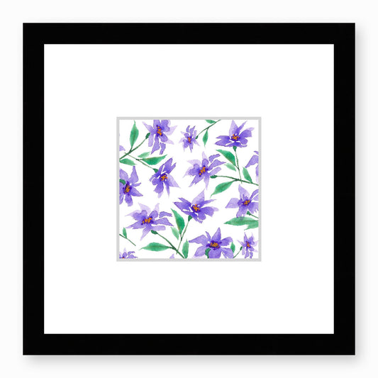 Framed Fine Art Print, Faux Mat - 12x12 inches | Purple Floral Watercolour, fms-1350-003, Prints, Fine art, Black Frame,12 x 12 inches