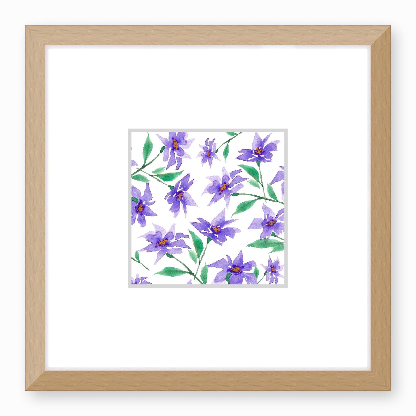 Framed Fine Art Print, Faux Mat - 12x12 inches | Purple Floral Watercolour, fms-1350-003, Prints, Fine art, Natural Frame,12 x 12 inches