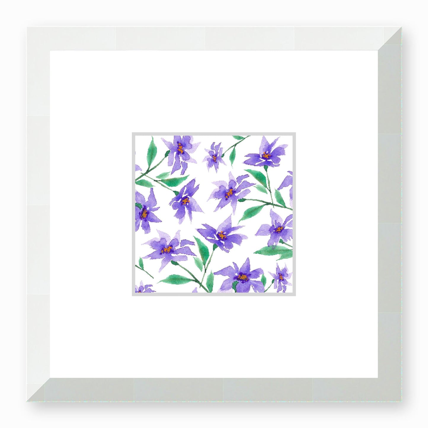 Framed Fine Art Print, Faux Mat - 12x12 inches | Purple Floral Watercolour, fms-1350-003, Prints, Fine art, White Frame,12 x 12 inches