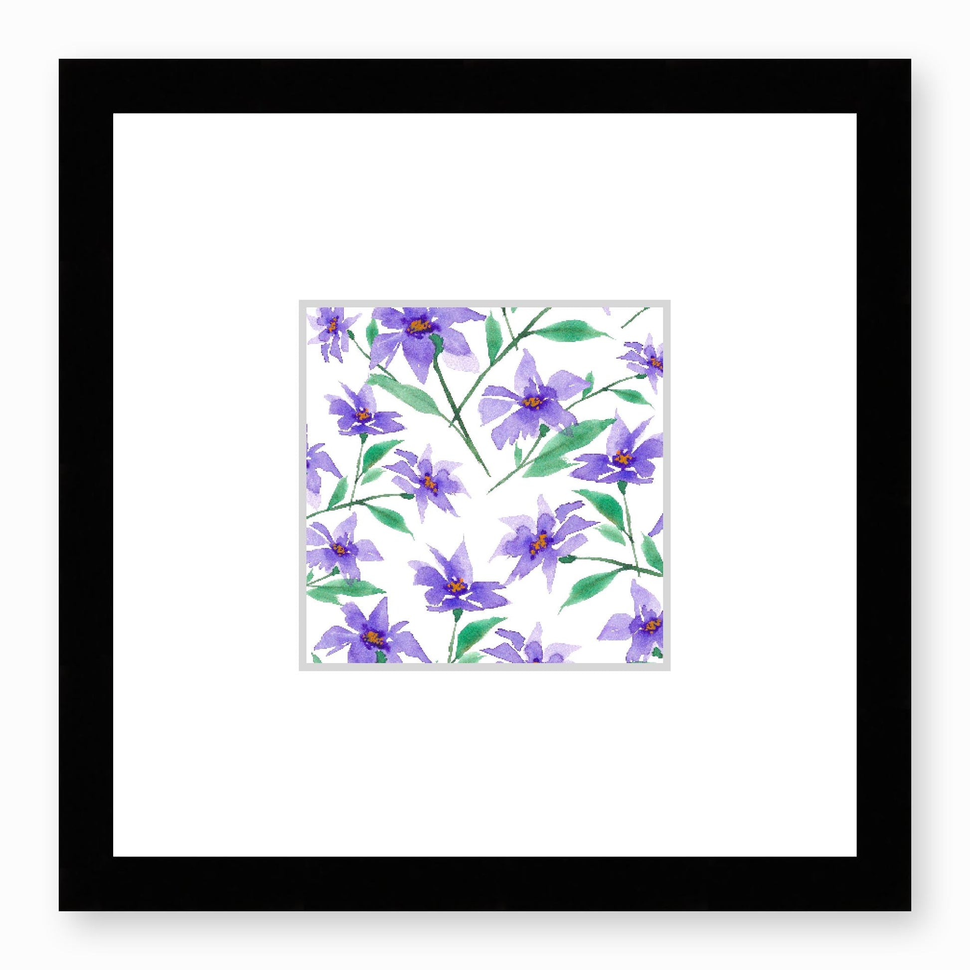 Framed Fine Art Print, Faux Mat - 12x12 inches | Purple Floral Watercolour, fms-1350-004, Prints, Fine art, Black Frame,12 x 12 inches