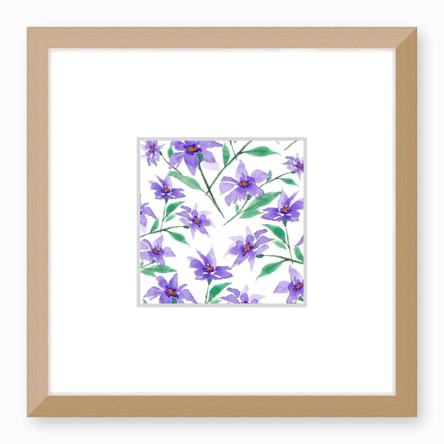 Framed Fine Art Print, Faux Mat - 12x12 inches | Purple Floral Watercolour, fms-1350-004, Prints, Fine art, Natural Frame,12 x 12 inches