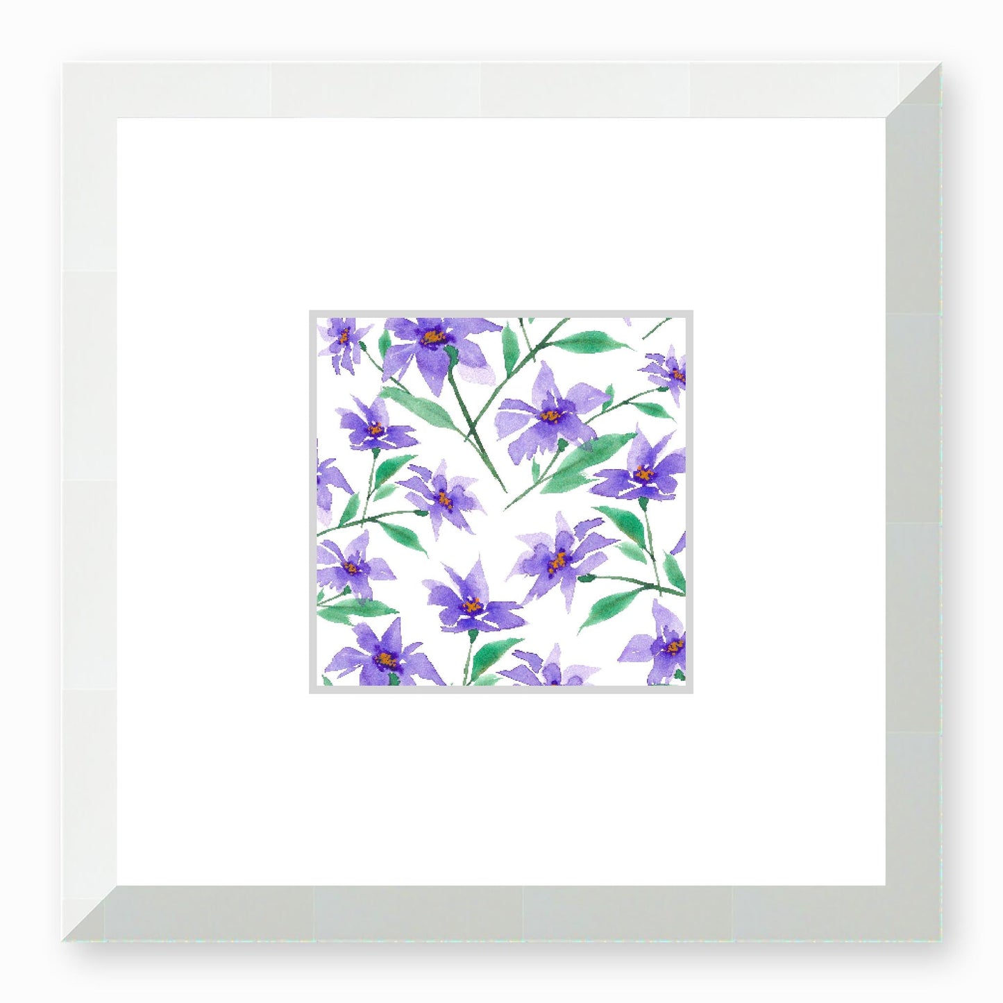 Framed Fine Art Print, Faux Mat - 12x12 inches | Purple Floral Watercolour, fms-1350-004, Prints, Fine art, White Frame,12 x 12 inches