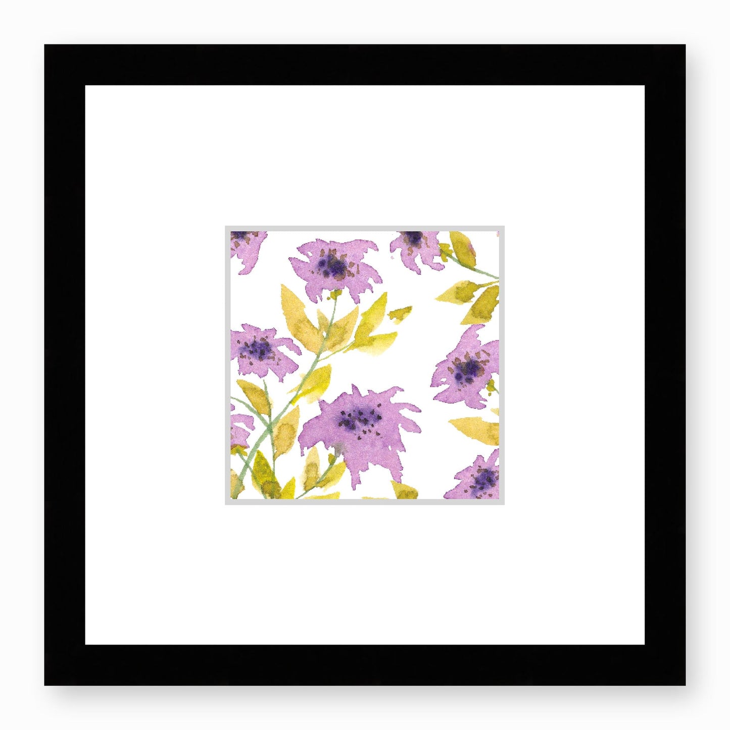 Framed Fine Art Print, Faux Mat - 12x12 inches | Mauve Floral Watercolour, fms-1360-001, Prints, Fine art, Black Frame,12 x 12 inches