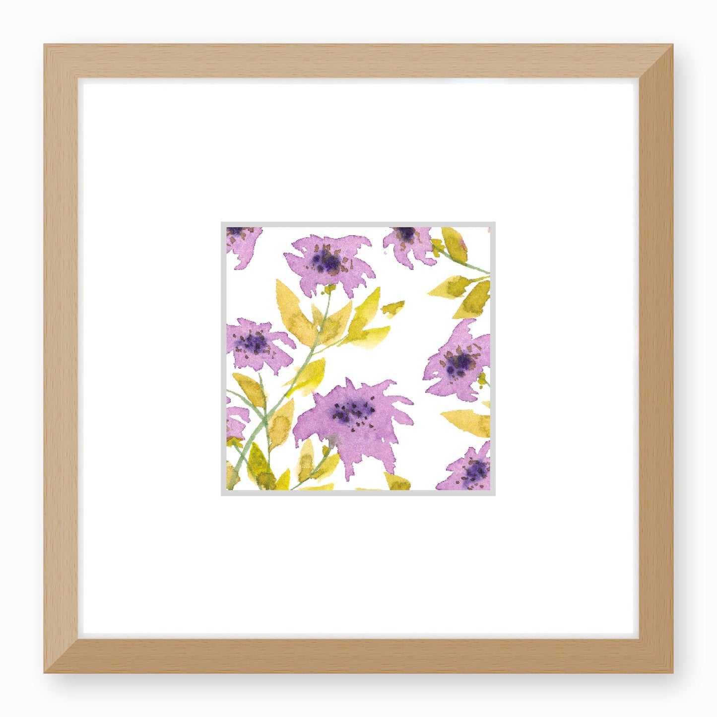 Framed Fine Art Print, Faux Mat - 12x12 inches | Mauve Floral Watercolour, fms-1360-001, Prints, Fine art, Natural Frame,12 x 12 inches