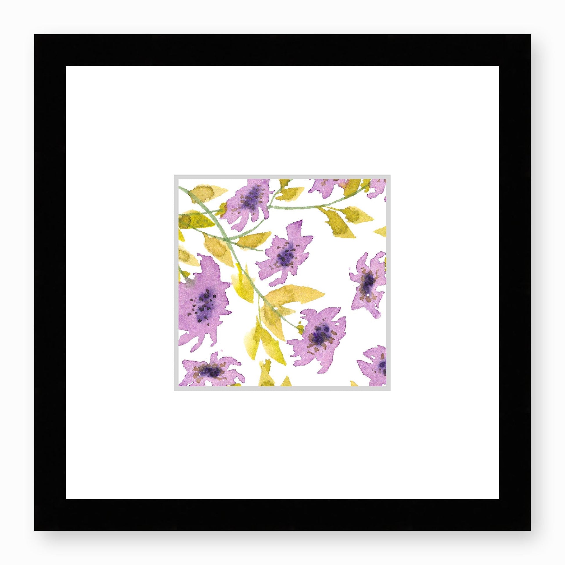 Framed Fine Art Print, Faux Mat - 12x12 inches | Mauve Floral Watercolour, fms-1360-002, Prints, Fine art, Black Frame,12 x 12 inches