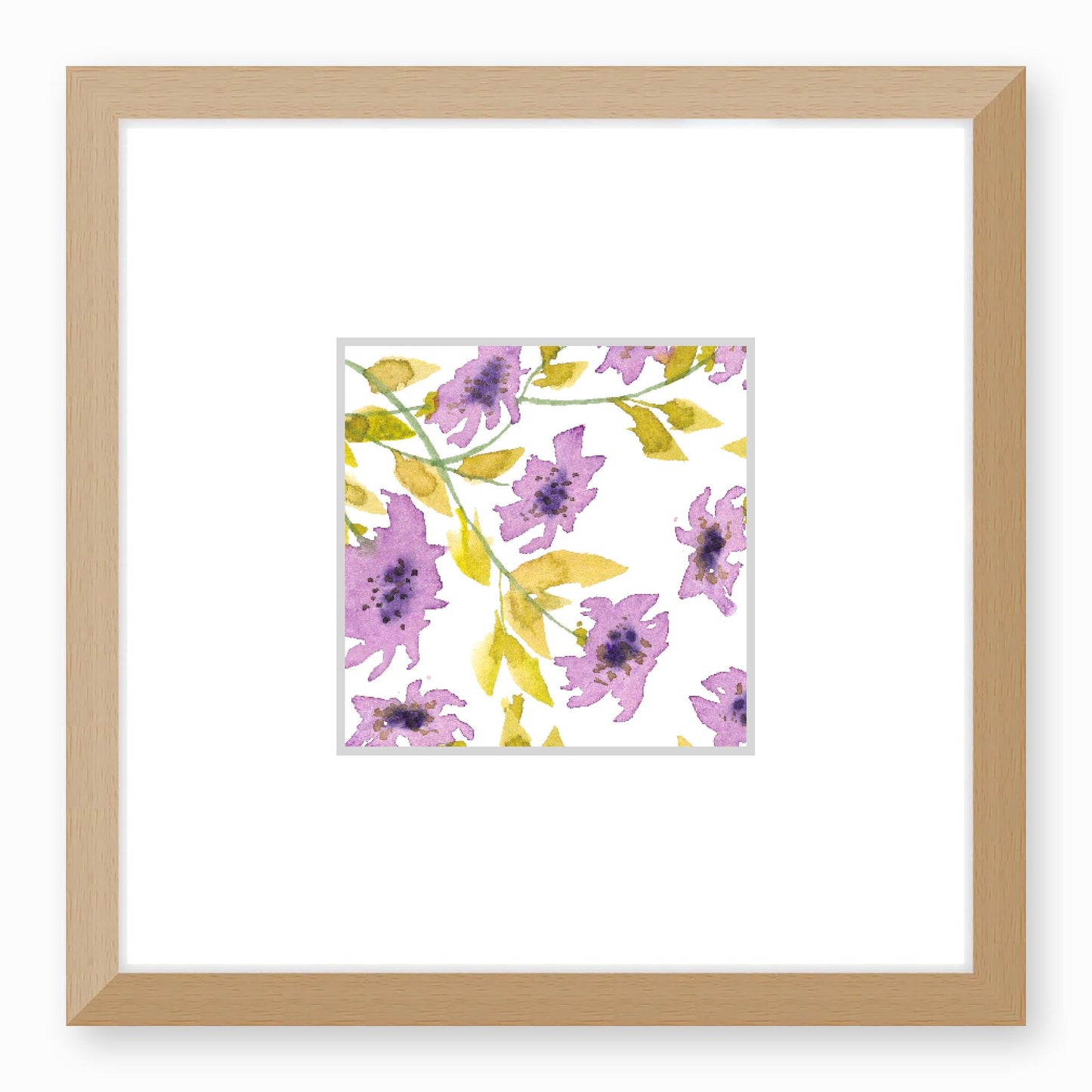 Framed Fine Art Print, Faux Mat - 12x12 inches | Mauve Floral Watercolour, fms-1360-002, Prints, Fine art, Natural Frame,12 x 12 inches