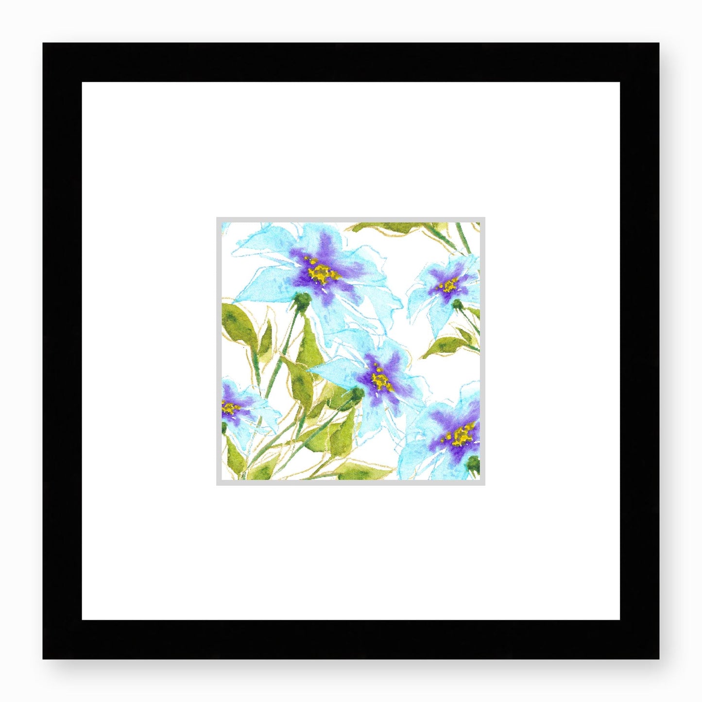 Framed Fine Art Print, Faux Mat - 12x12 inches | Blue Floral Watercolour, fms-1370-001, Prints, Fine art, Black Frame,12 x 12 inches