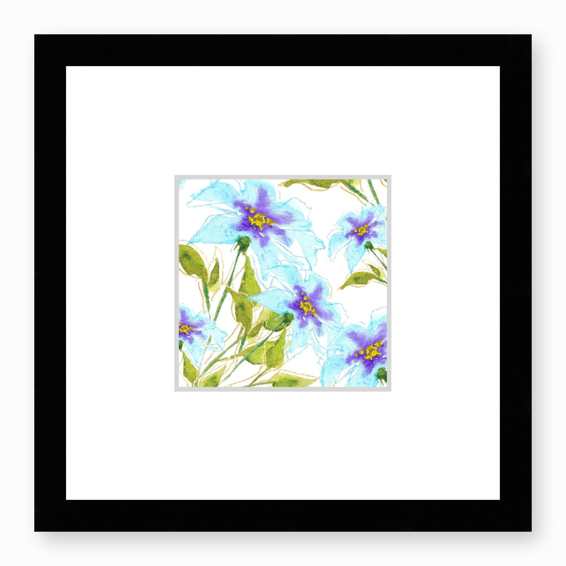 Framed Fine Art Print, Faux Mat - 12x12 inches | Blue Floral Watercolour, fms-1370-001, Prints, Fine art, Black Frame,12 x 12 inches