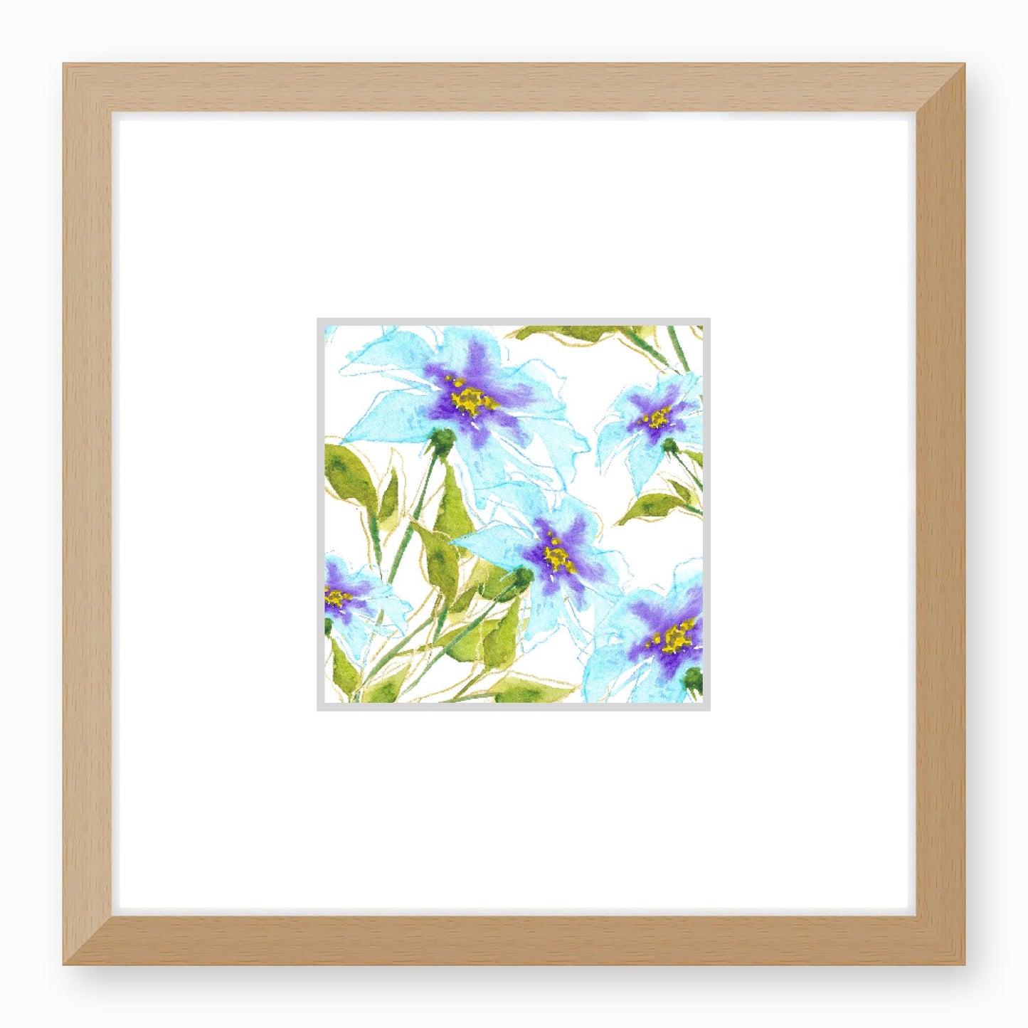 Framed Fine Art Print, Faux Mat - 12x12 inches | Blue Floral Watercolour, fms-1370-001, Prints, Fine art, Natural Frame,12 x 12 inches