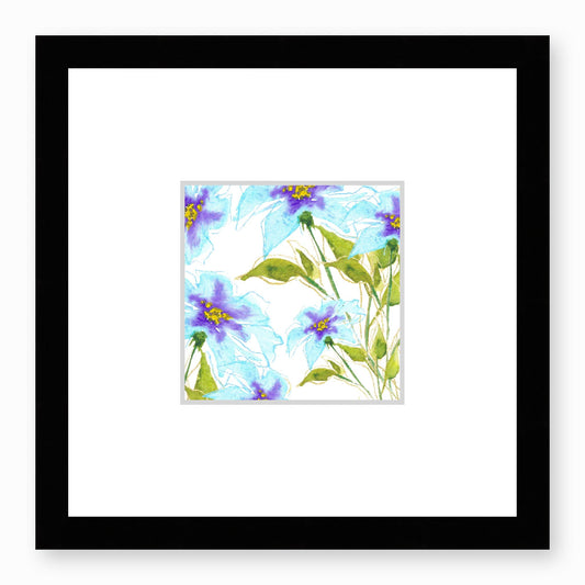 Framed Fine Art Print, Faux Mat - 12x12 inches | Blue Floral Watercolour, fms-1370-002, Prints, Fine art, Black Frame,12 x 12 inches