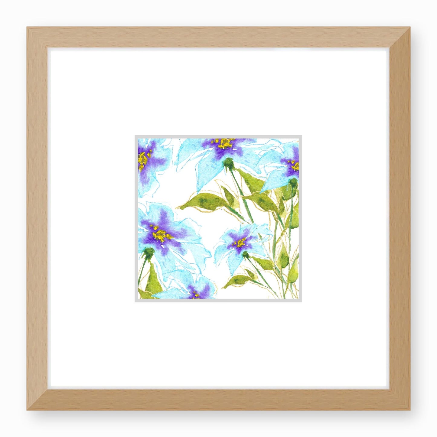 Framed Fine Art Print, Faux Mat - 12x12 inches | Blue Floral Watercolour, fms-1370-002, Prints, Fine art, Natural Frame,12 x 12 inches