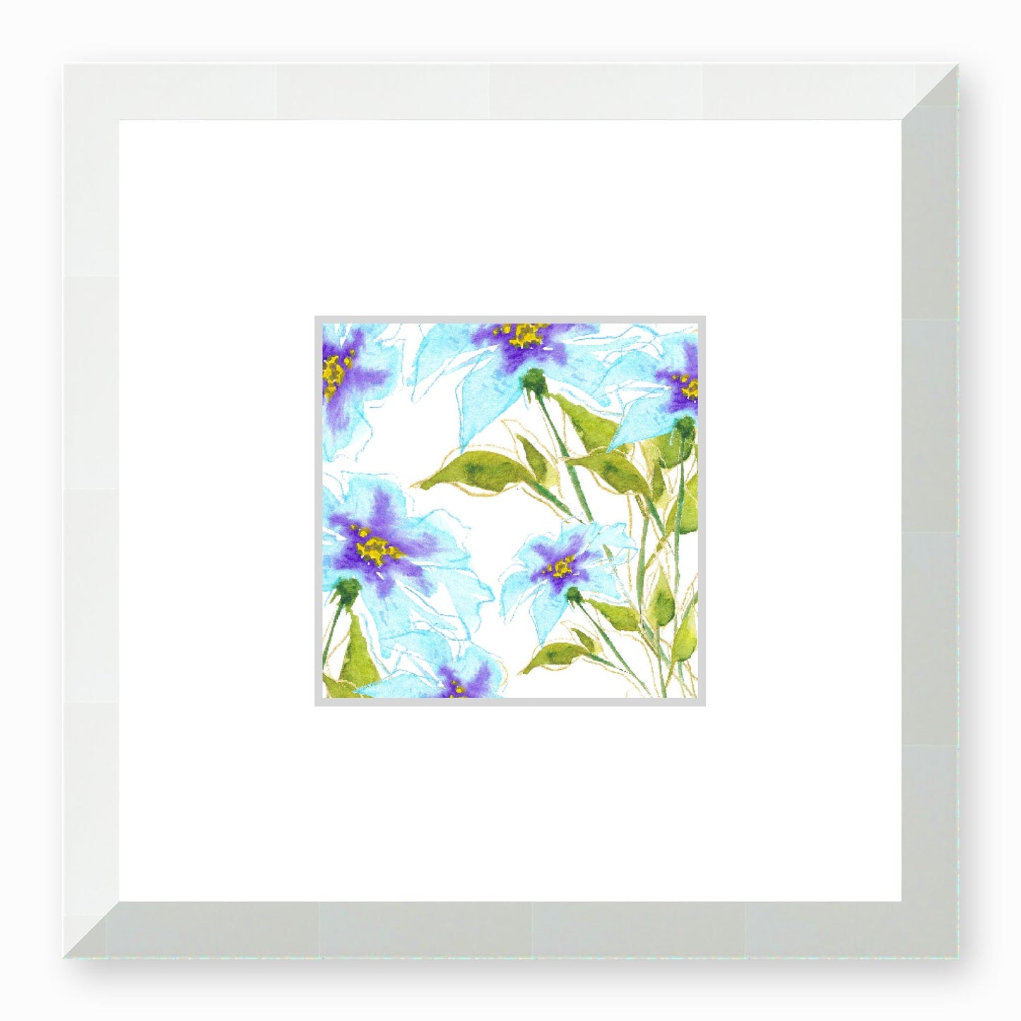 Framed Fine Art Print, Faux Mat - 12x12 inches | Blue Floral Watercolour, fms-1370-002, Prints, Fine art, White Frame,12 x 12 inches
