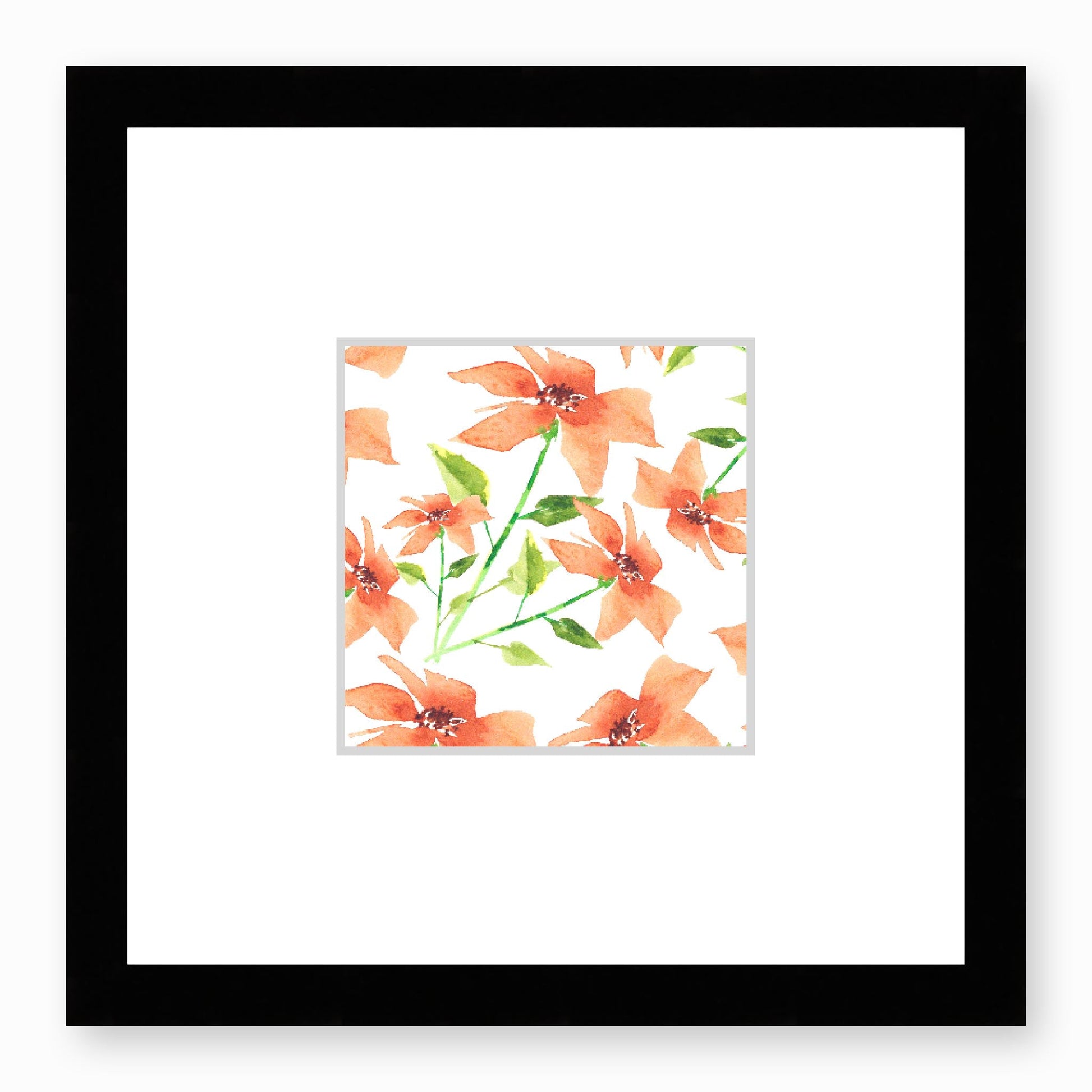 Framed Fine Art Print, Faux Mat - 12x12 inches | Pale Orange Floral Watercolour, fms-1380-001, Prints, Fine art, Black Frame,12 x 12 inches