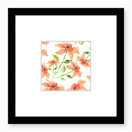 Framed Fine Art Print, Faux Mat - 12x12 inches | Pale Orange Floral Watercolour, fms-1380-001, Prints, Fine art, Black Frame,12 x 12 inches