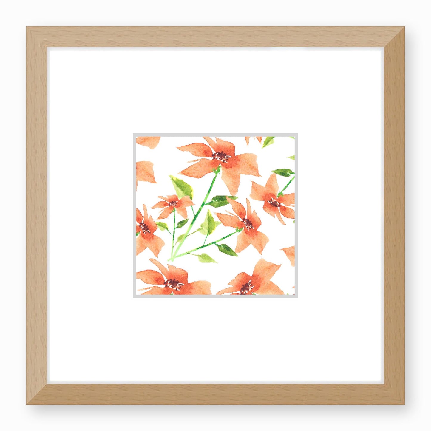 Framed Fine Art Print, Faux Mat - 12x12 inches | Pale Orange Floral Watercolour, fms-1380-001, Prints, Fine art, Natural Frame,12 x 12 inches