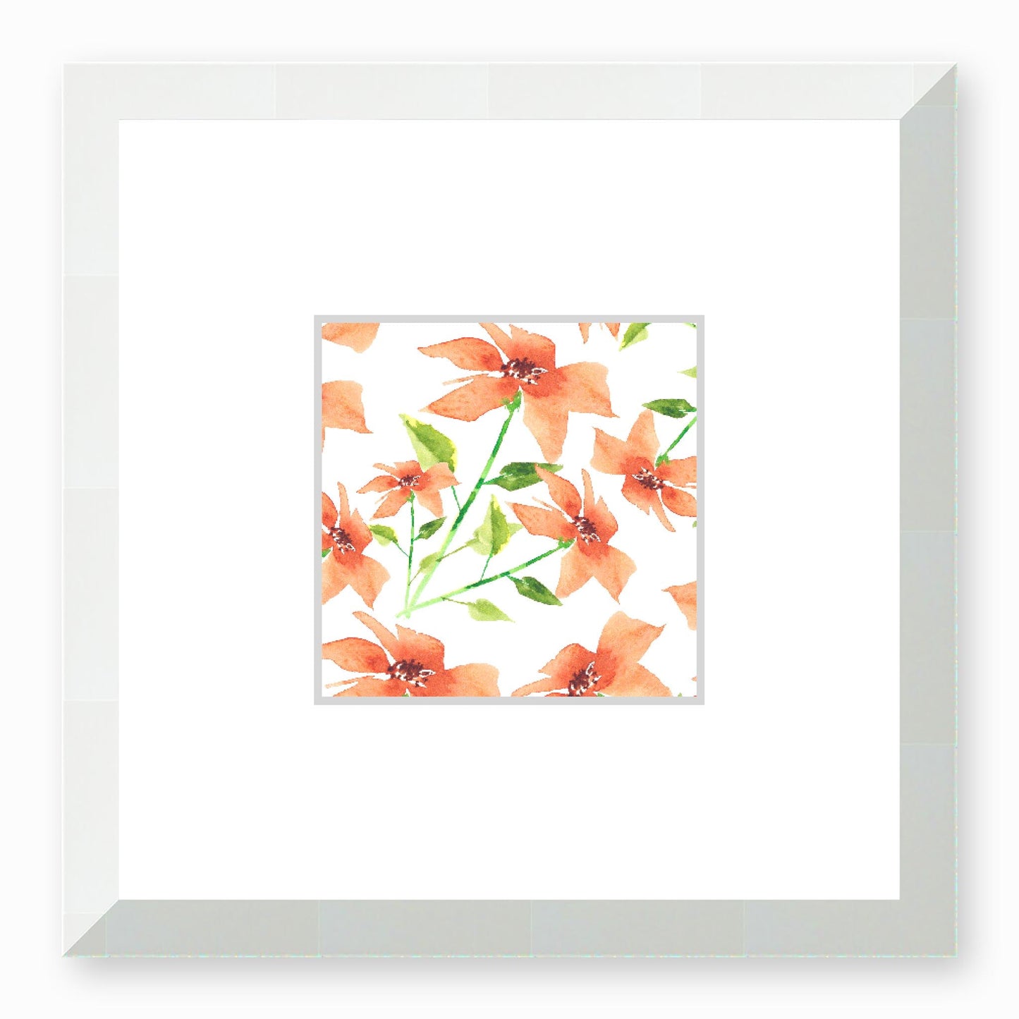 Framed Fine Art Print, Faux Mat - 12x12 inches | Pale Orange Floral Watercolour, fms-1380-001, Prints, Fine art, White Frame,12 x 12 inches