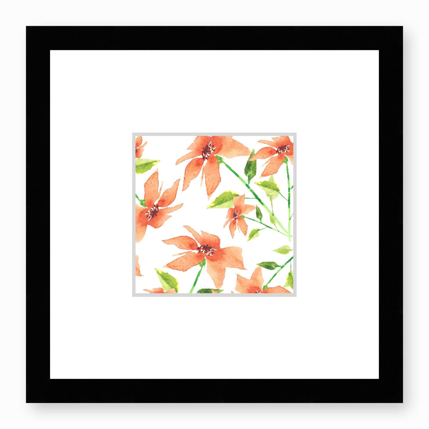 Framed Fine Art Print, Faux Mat - 12x12 inches | Pale Orange Floral Watercolour, fms-1380-002, Prints, Fine art, Black Frame,12 x 12 inches