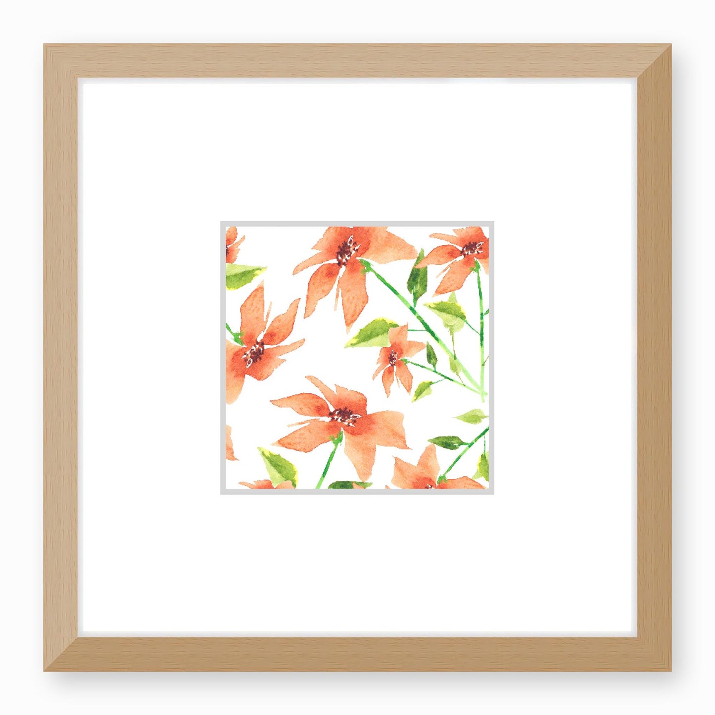 Framed Fine Art Print, Faux Mat - 12x12 inches | Pale Orange Floral Watercolour, fms-1380-002, Prints, Fine art, Natural Frame,12 x 12 inches