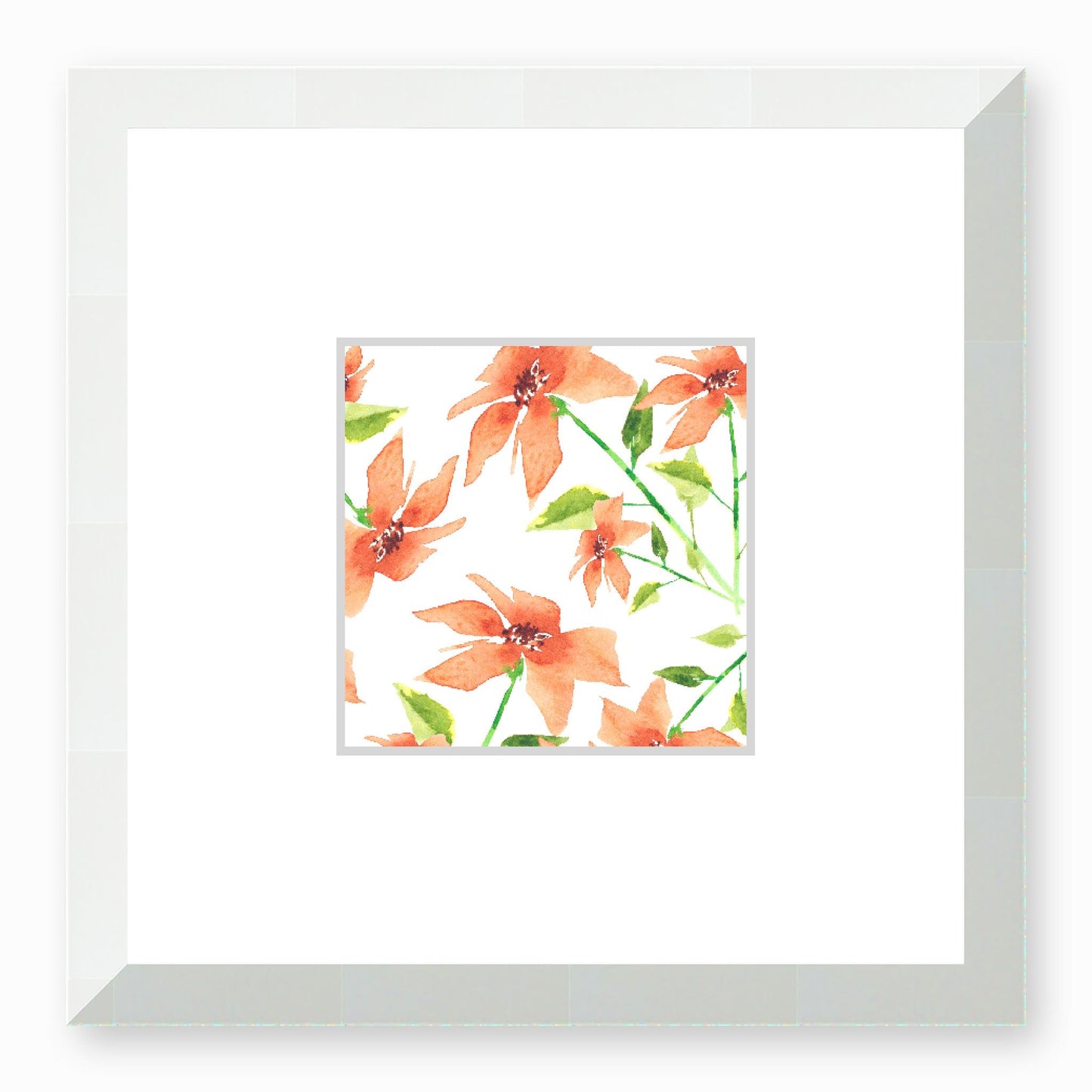 Framed Fine Art Print, Faux Mat - 12x12 inches | Pale Orange Floral Watercolour, fms-1380-002, Prints, Fine art, White Frame,12 x 12 inches