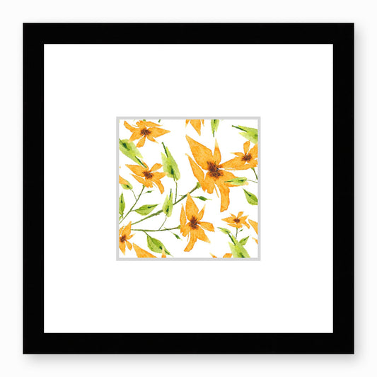 Framed Fine Art Print, Faux Mat - 12x12 inches | Yellow-Orange Floral Watercolour, fms-1390-001, Prints, Fine art, Black Frame,12 x 12 inches