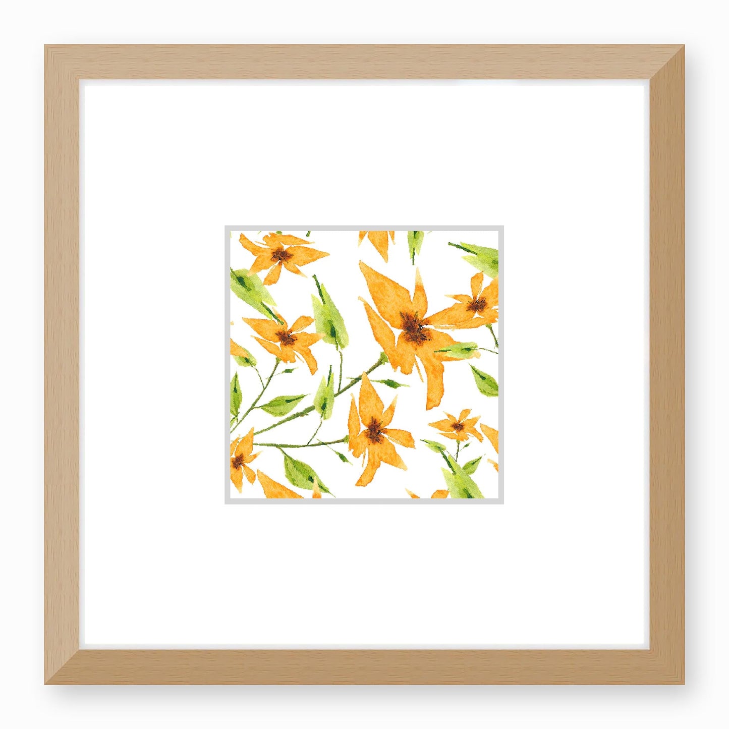 Framed Fine Art Print, Faux Mat - 12x12 inches | Yellow-Orange Floral Watercolour, fms-1390-001, Prints, Fine art, Natural Frame,12 x 12 inches