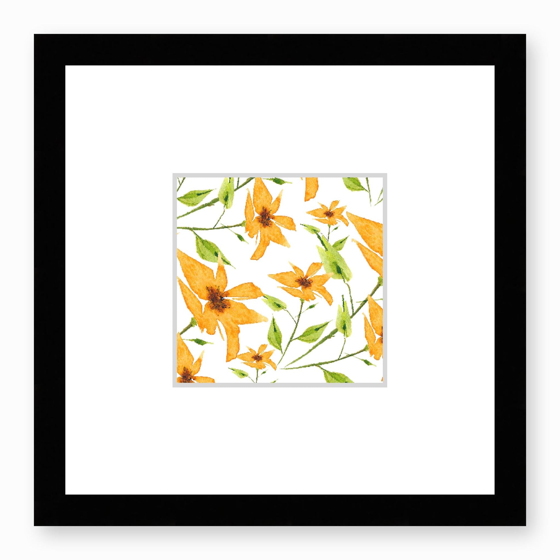 Framed Fine Art Print, Faux Mat - 12x12 inches | Yellow-Orange Floral Watercolour, fms-1390-002, Prints, Fine art, Black Frame,12 x 12 inches