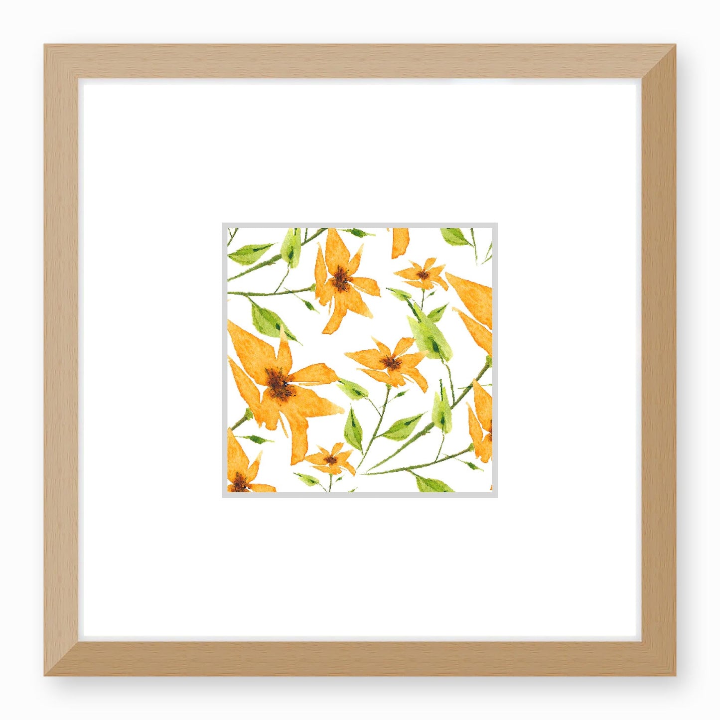 Framed Fine Art Print, Faux Mat - 12x12 inches | Yellow-Orange Floral Watercolour, fms-1390-002, Prints, Fine art, Natural Frame,12 x 12 inches