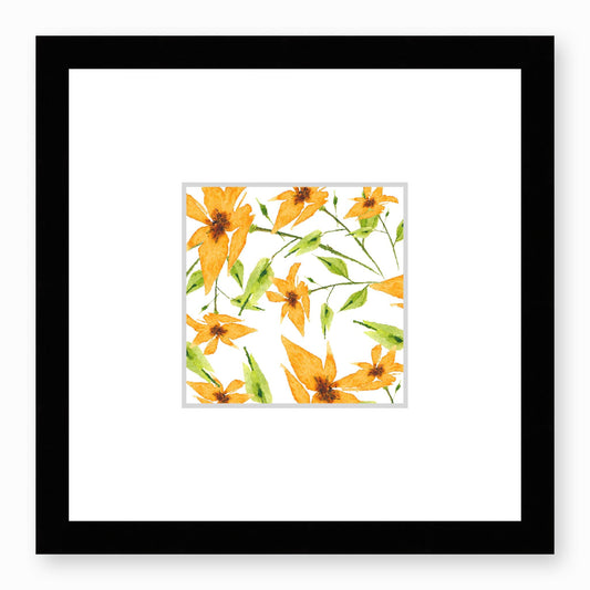 Framed Fine Art Print, Faux Mat - 12x12 inches | Yellow-Orange Floral Watercolour, fms-1390-003, Prints, Fine art, Black Frame,12 x 12 inches