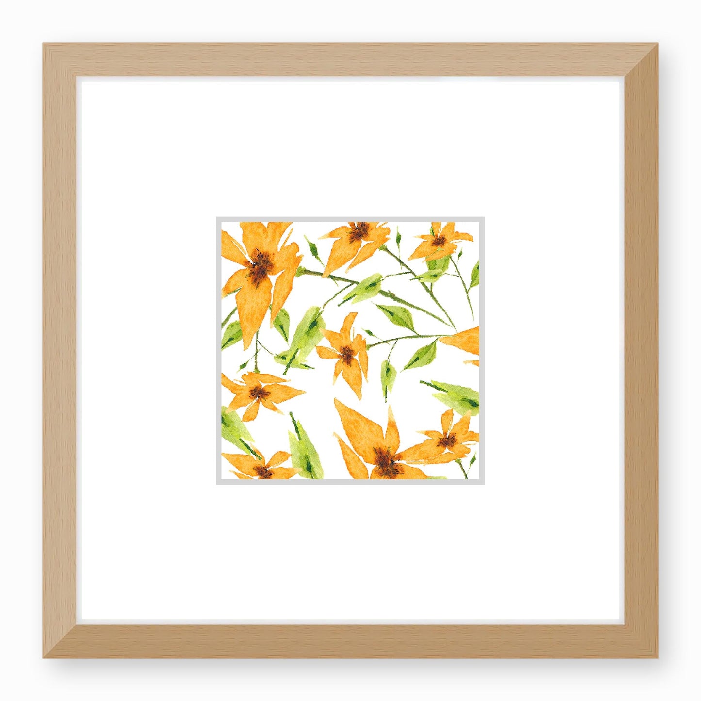 Framed Fine Art Print, Faux Mat - 12x12 inches | Yellow-Orange Floral Watercolour, fms-1390-003, Prints, Fine art, Natural Frame,12 x 12 inches