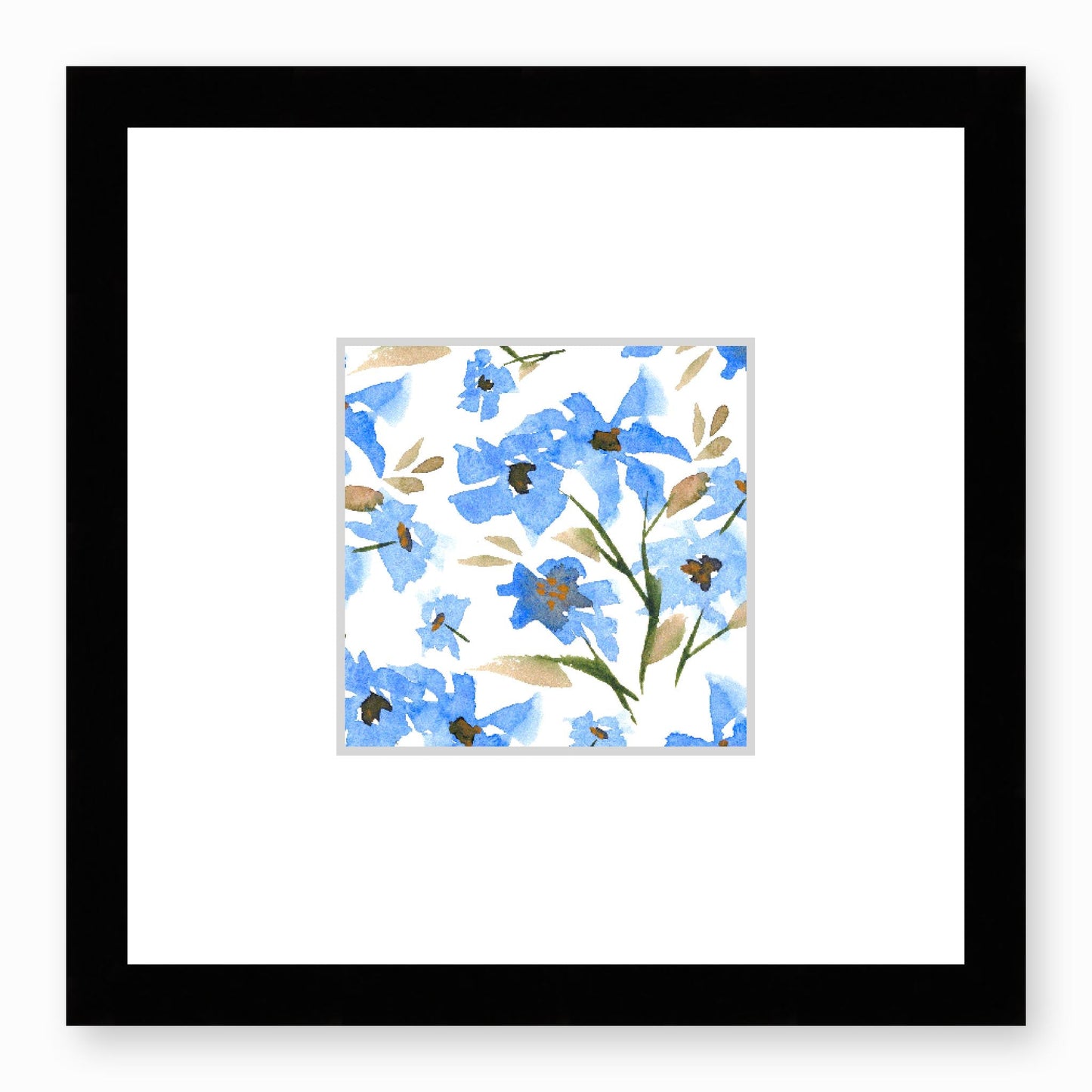 Framed Fine Art Print, Faux Mat - 12x12 inches | Blue Floral Watercolour, fms-1400-001, Prints, Fine art, Black Frame,12 x 12 inches