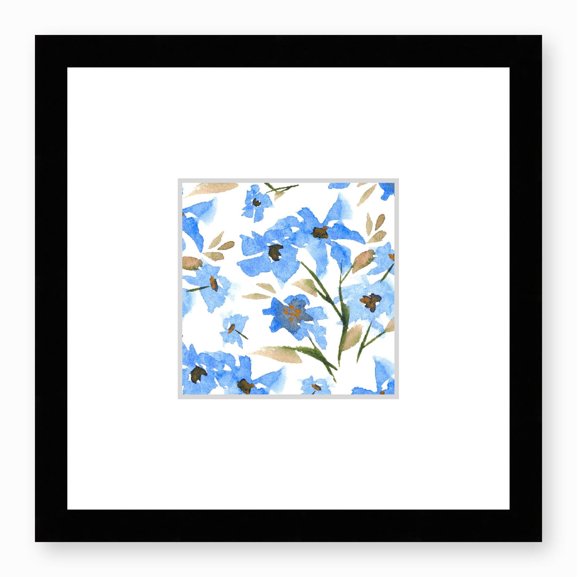 Framed Fine Art Print, Faux Mat - 12x12 inches | Blue Floral Watercolour, fms-1400-001, Prints, Fine art, Black Frame,12 x 12 inches