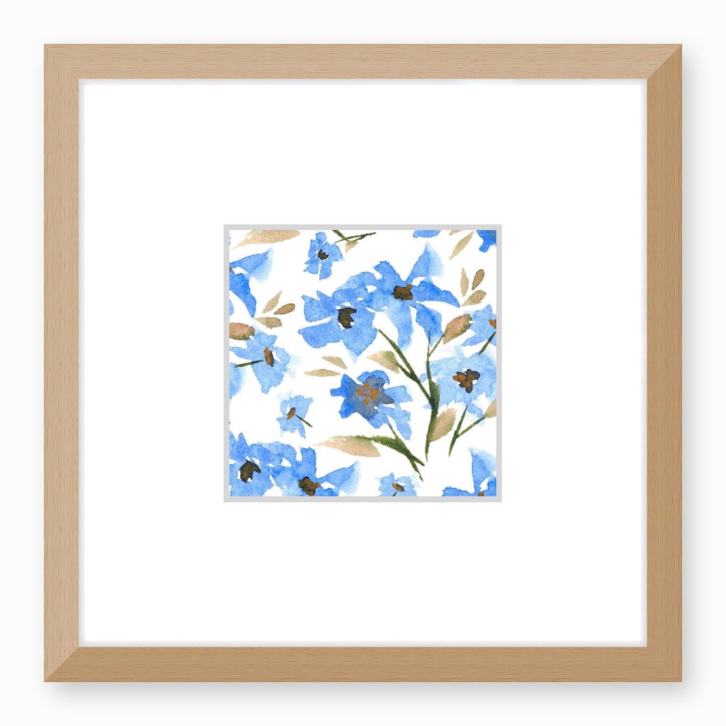 Framed Fine Art Print, Faux Mat - 12x12 inches | Blue Floral Watercolour, fms-1400-001, Prints, Fine art, Natural Frame,12 x 12 inches