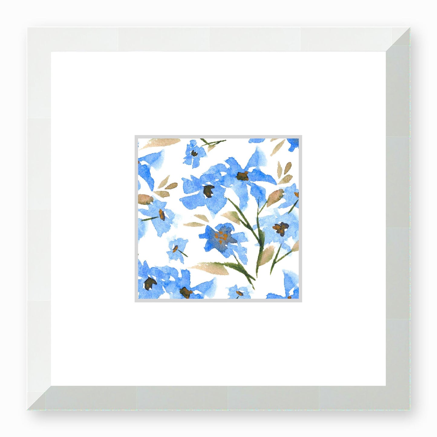 Framed Fine Art Print, Faux Mat - 12x12 inches | Blue Floral Watercolour, fms-1400-001, Prints, Fine art, White Frame,12 x 12 inches