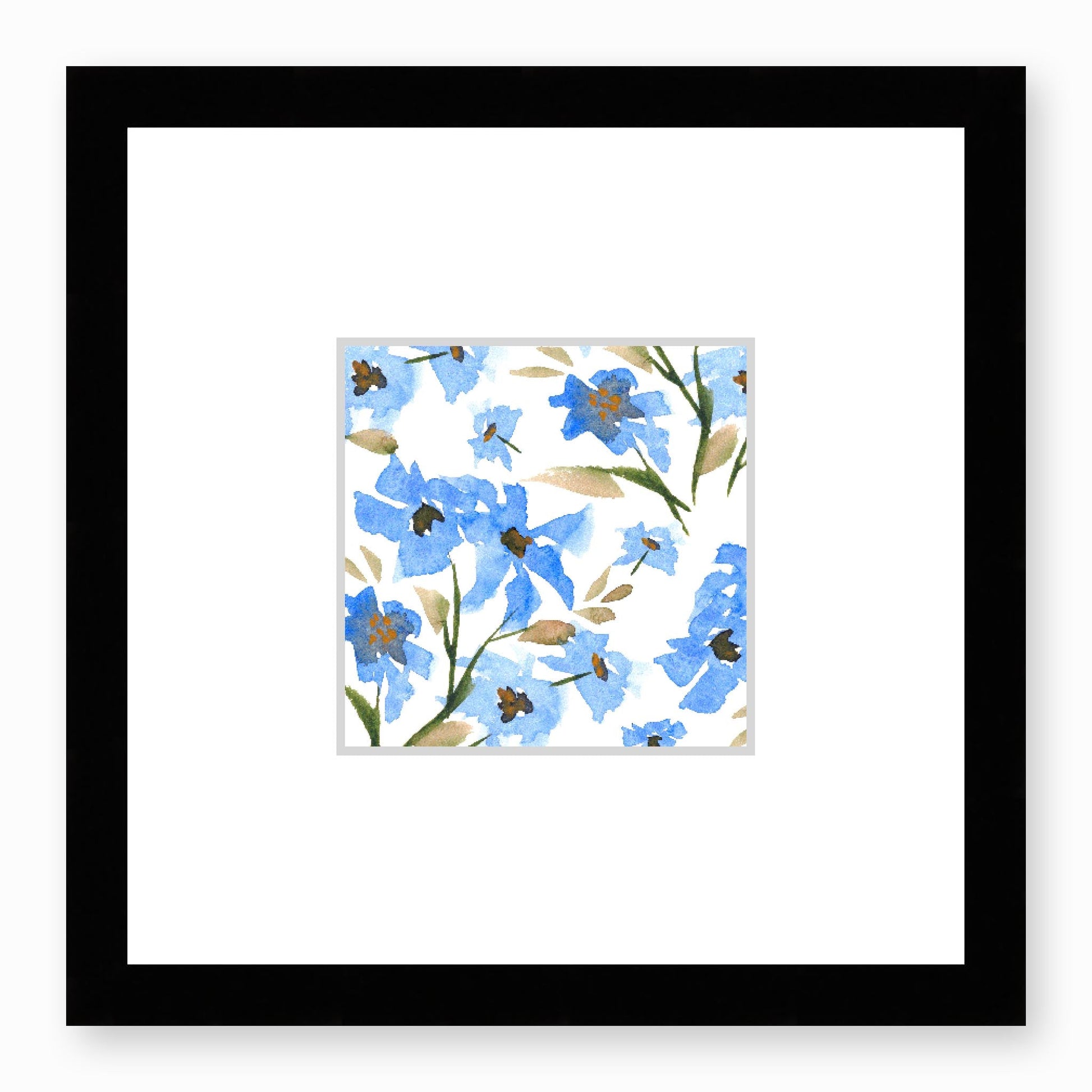 Framed Fine Art Print, Faux Mat - 12x12 inches | Blue Floral Watercolour, fms-1400-002, Prints, Fine art, Black Frame,12 x 12 inches