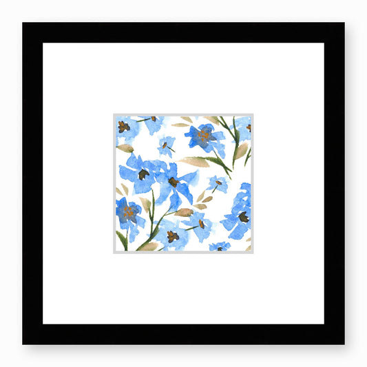 Framed Fine Art Print, Faux Mat - 12x12 inches | Blue Floral Watercolour, fms-1400-002, Prints, Fine art, Black Frame,12 x 12 inches