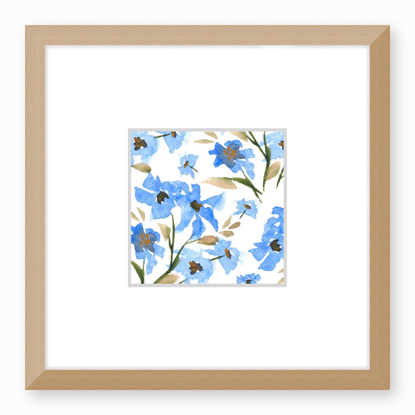 Framed Fine Art Print, Faux Mat - 12x12 inches | Blue Floral Watercolour, fms-1400-002, Prints, Fine art, Natural Frame,12 x 12 inches