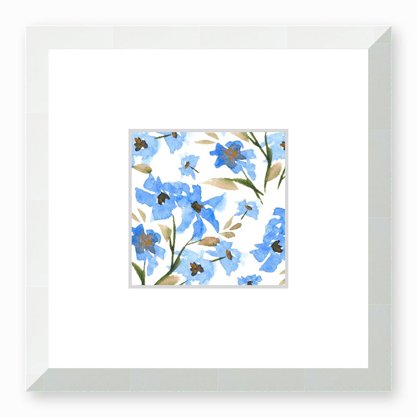 Framed Fine Art Print, Faux Mat - 12x12 inches | Blue Floral Watercolour, fms-1400-002, Prints, Fine art, White Frame,12 x 12 inches