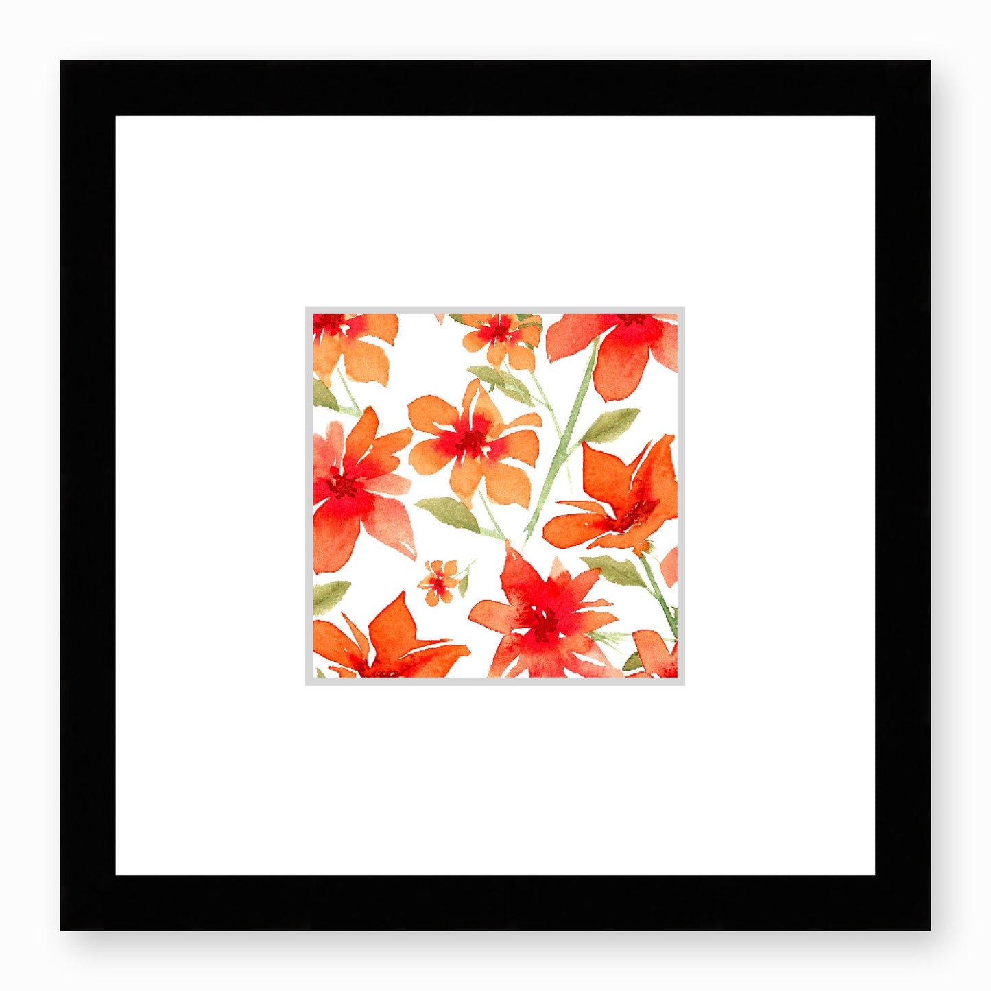 Framed Fine Art Print, Faux Mat - 12x12 inches | Red Floral Watercolour, fms-1410-001, Prints, Fine art, Black Frame,12 x 12 inches