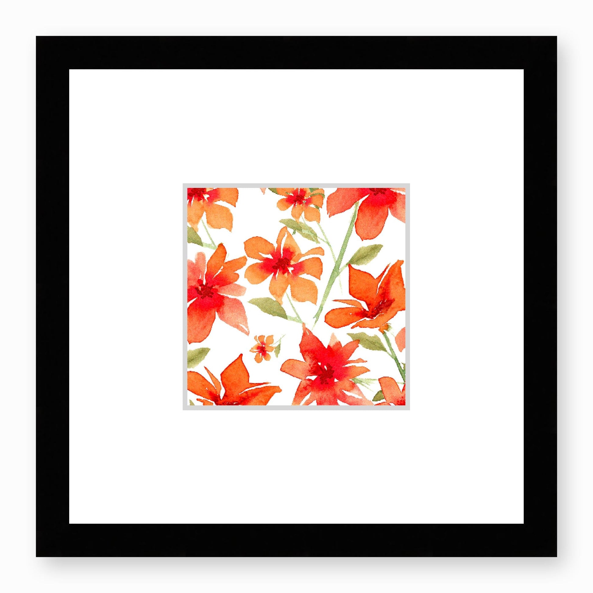 Framed Fine Art Print, Faux Mat - 12x12 inches | Red Floral Watercolour, fms-1410-001, Prints, Fine art, Black Frame,12 x 12 inches