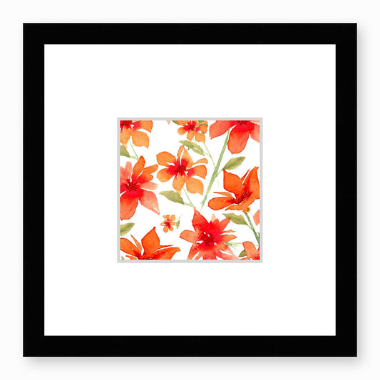Framed Fine Art Print, Faux Mat - 12x12 inches | Red Floral Watercolour, fms-1410-001, Prints, Fine art, Black Frame,12 x 12 inches