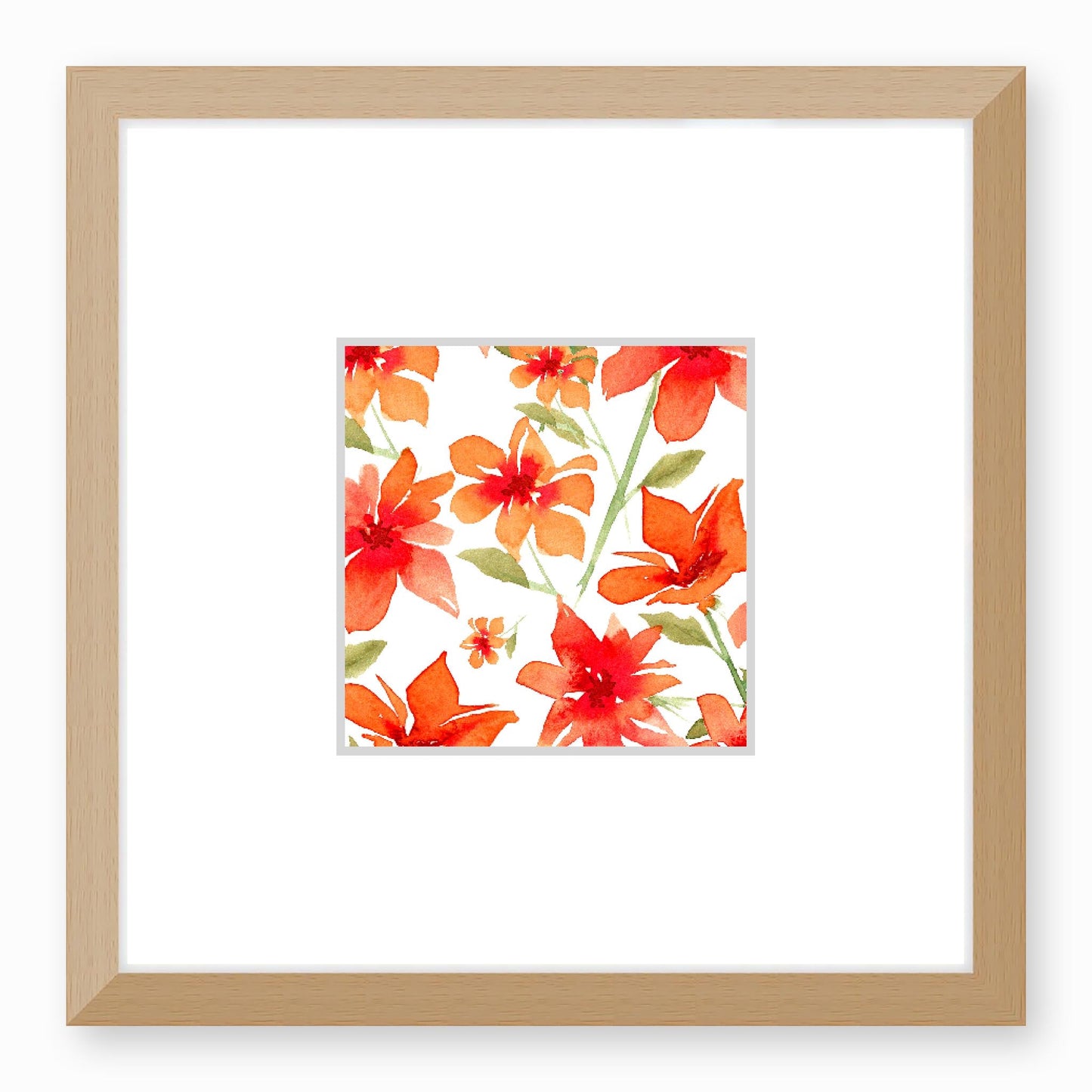 Framed Fine Art Print, Faux Mat - 12x12 inches | Red Floral Watercolour, fms-1410-001, Prints, Fine art, Natural Frame,12 x 12 inches
