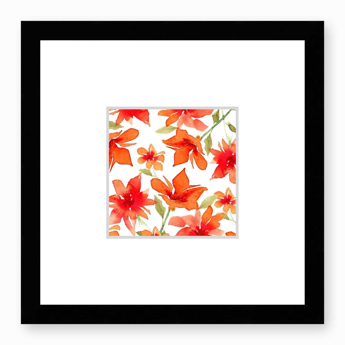 Framed Fine Art Print, Faux Mat - 12x12 inches | Red Floral Watercolour, fms-1410-002, Prints, Fine art, Black Frame,12 x 12 inches
