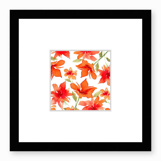 Framed Fine Art Print, Faux Mat - 12x12 inches | Red Floral Watercolour, fms-1410-002, Prints, Fine art, Black Frame,12 x 12 inches
