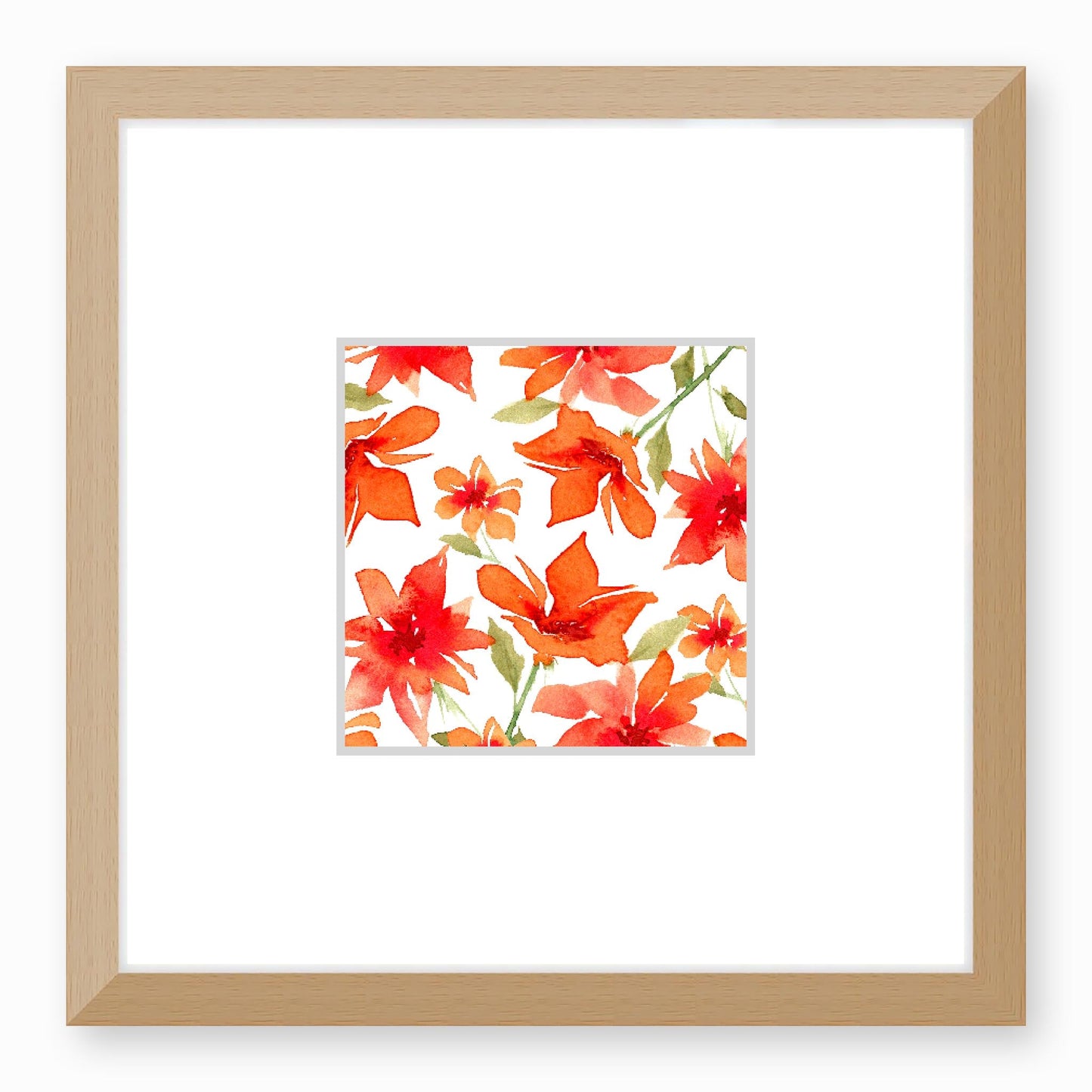 Framed Fine Art Print, Faux Mat - 12x12 inches | Red Floral Watercolour, fms-1410-002, Prints, Fine art, Natural Frame,12 x 12 inches